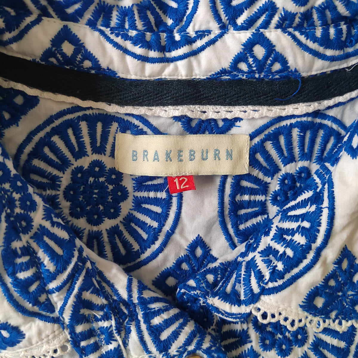 Brakeburn Marine Blue Embroidered Cotton Blouse - Size 12