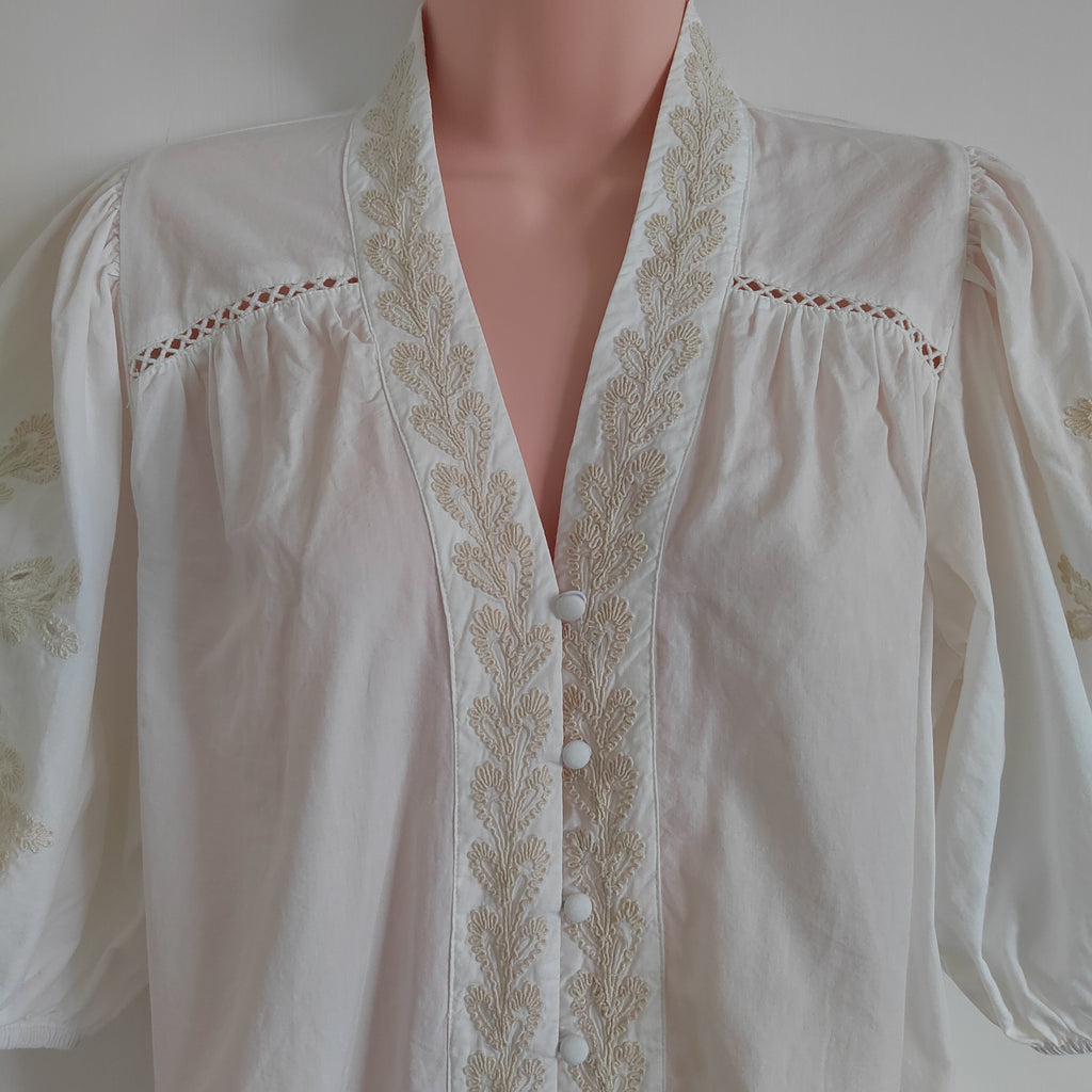 Mint Velvet Ivory Embroidered Balloon Sleeve Boho Blouse – Size Medium