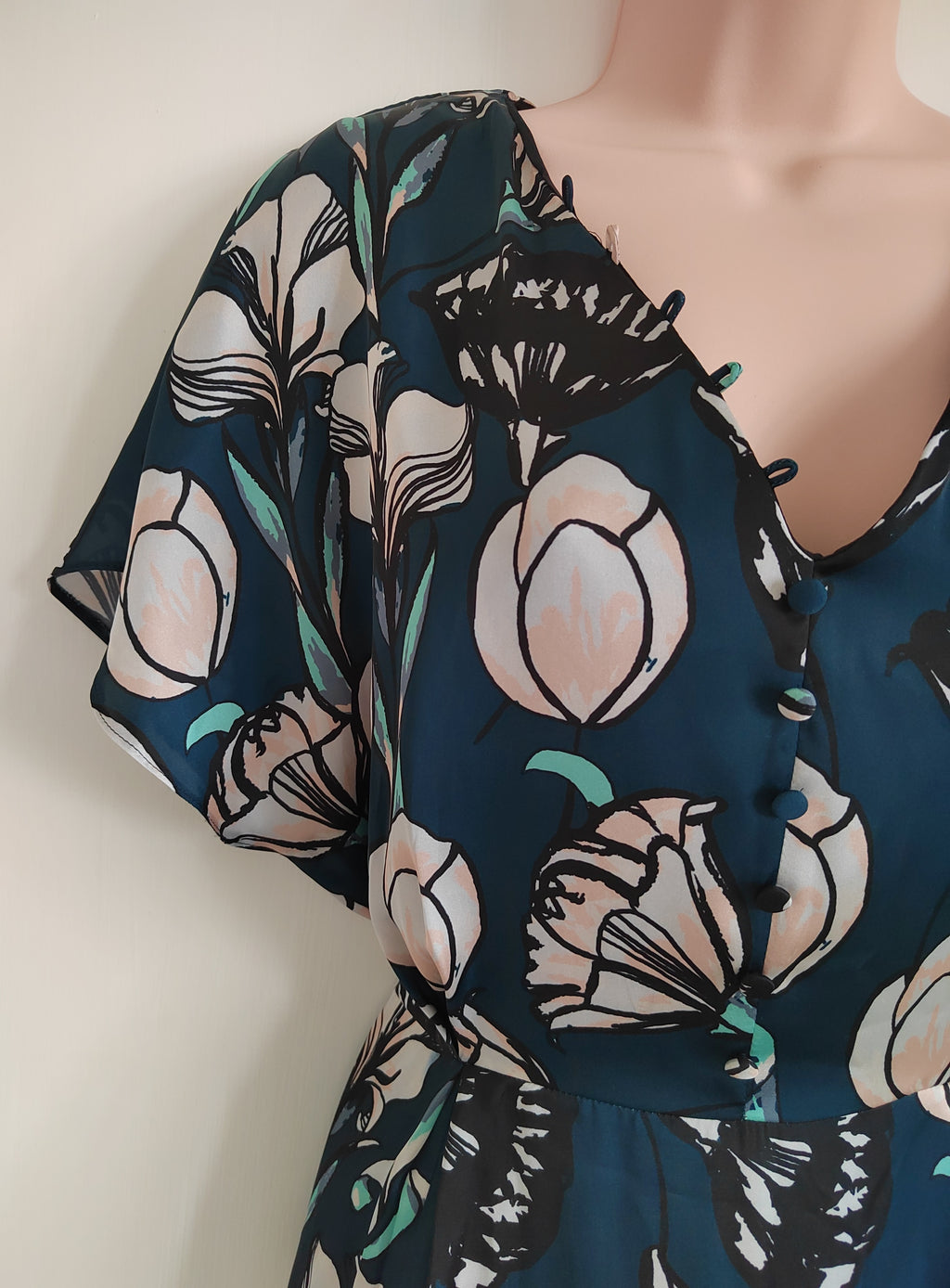Maison 123 Paris Romantic Teal Floral Midi Dress – Size 10