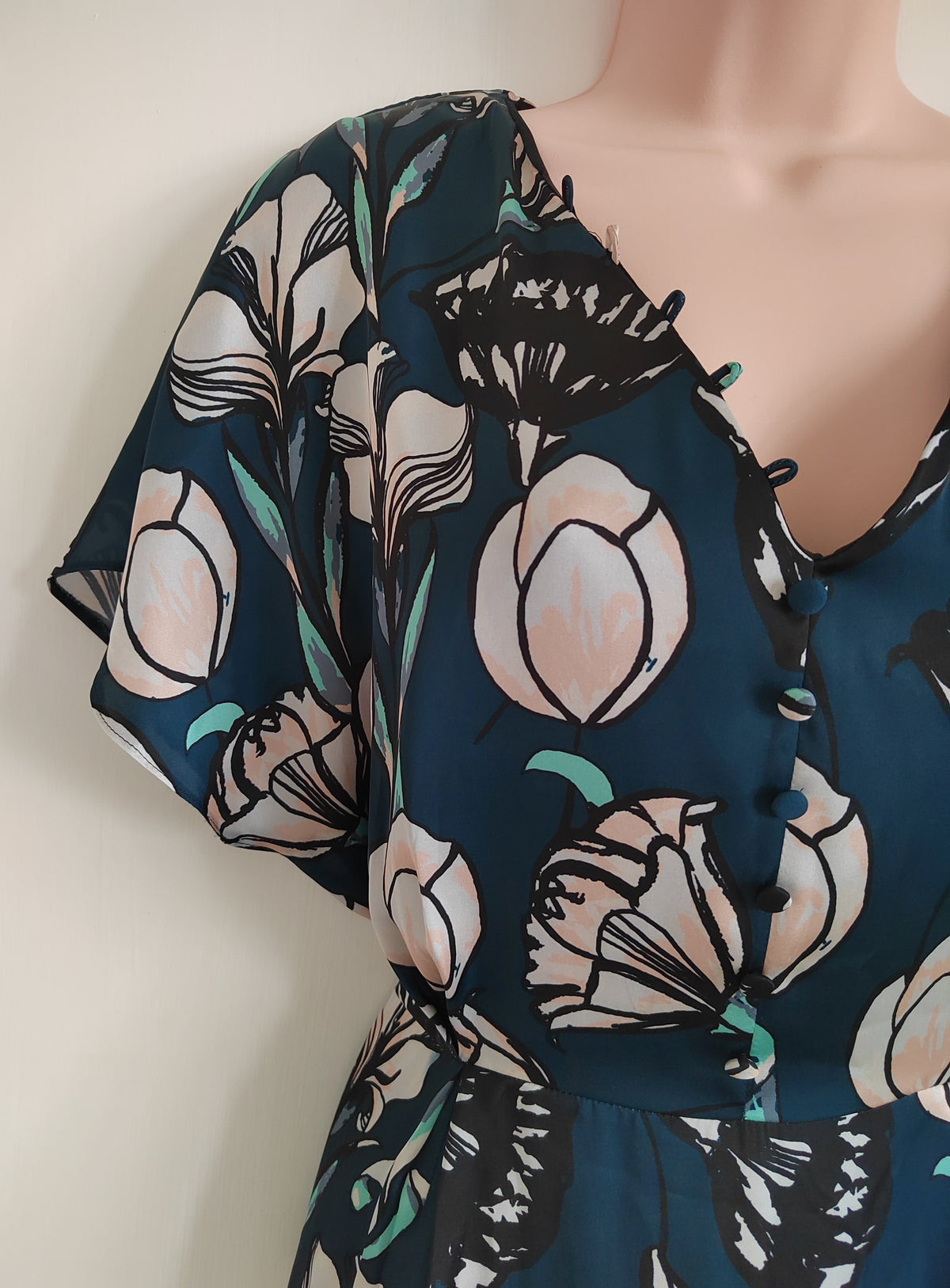 Maison 123 Paris Romantic Teal Floral Midi Dress – Size 10