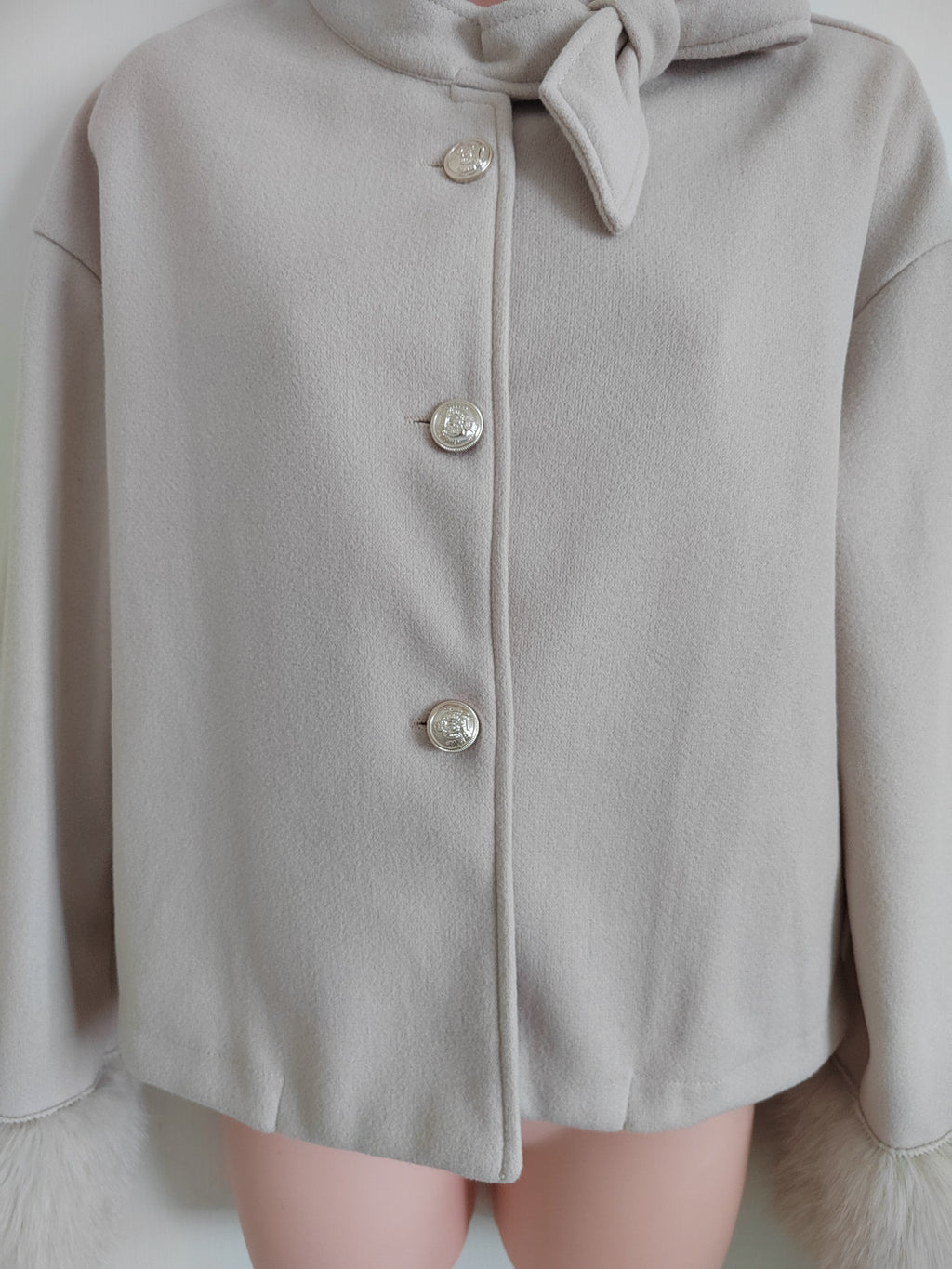 SHEIN Elegant French-Knot Collar Crop Jacket with Faux-Fur Cuffs - Size Medium NWOT
