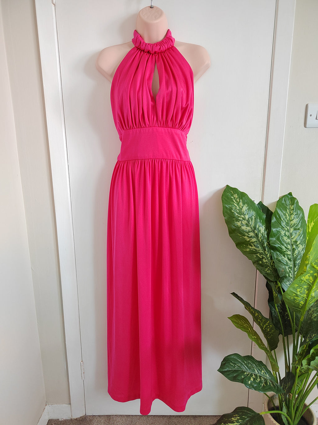 Vintage 1970s Trina Lewis & Marjon Couture Hot Pink Halter Maxi Dress - Size 10