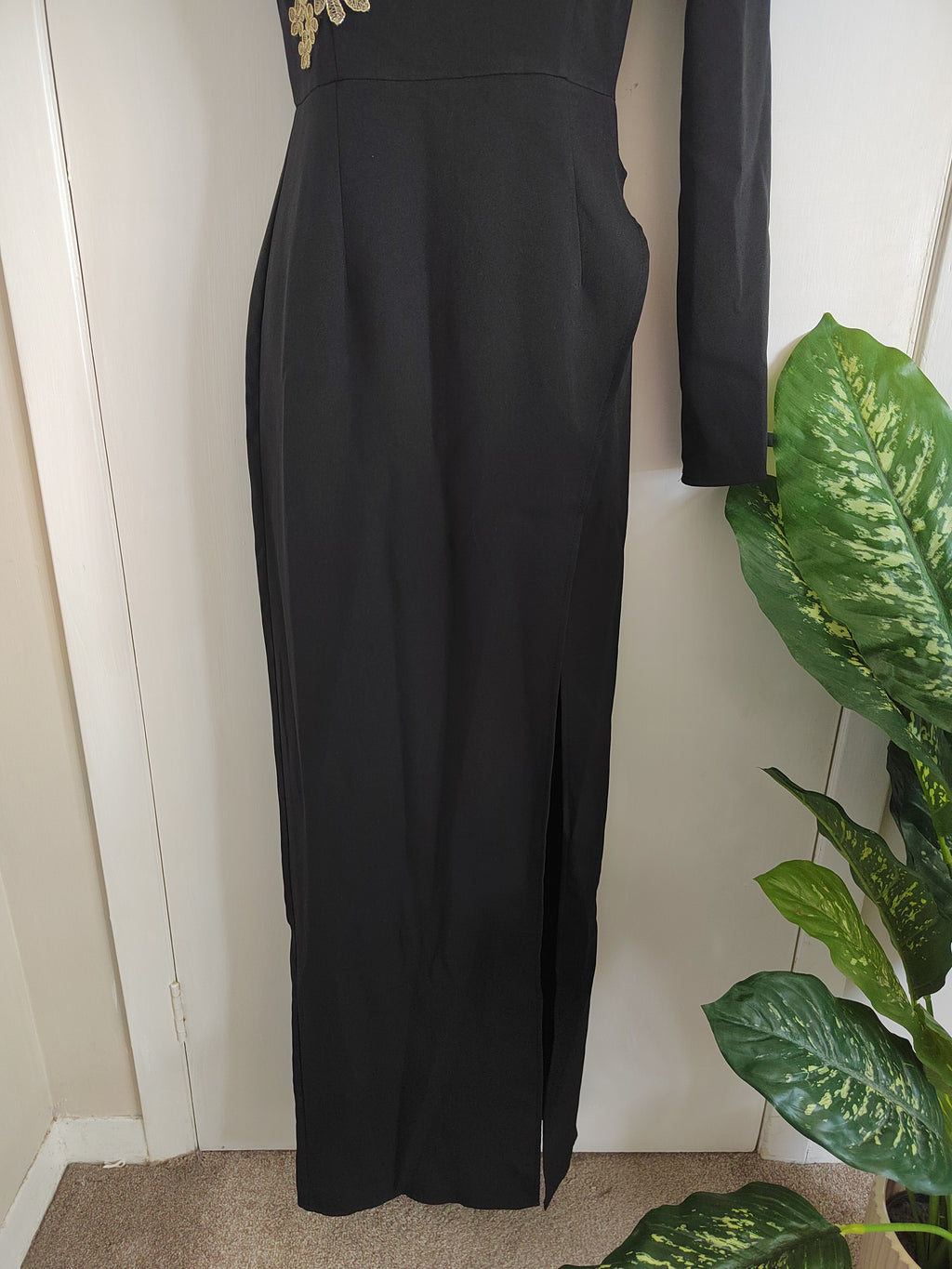 PrettyLittleThing Black High Neck Asymmetric Embroidered Trim Maxi Dress - Size 8