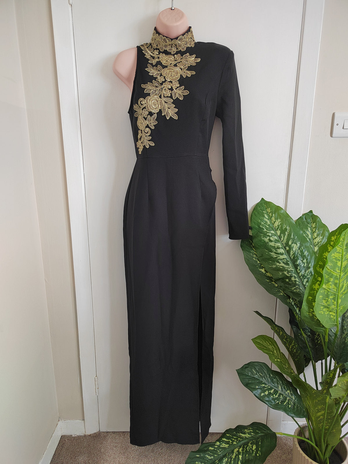 PrettyLittleThing Black High Neck Asymmetric Embroidered Trim Maxi Dress - Size 8