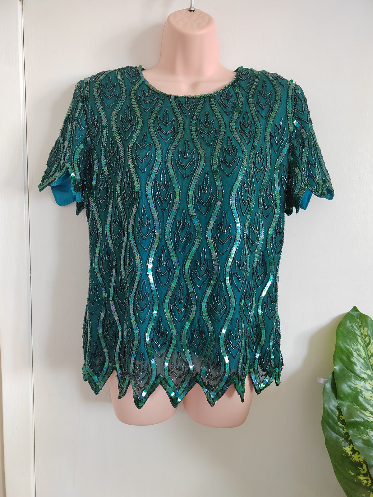 Vintage 80s/90s Emerald Beaded Cocktail Blouse - Size 14