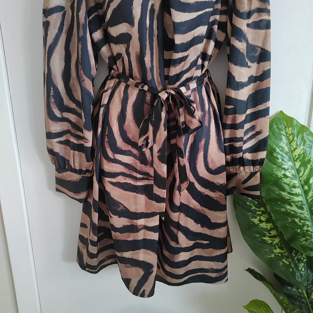 F&F Satin Zebra Print Long Sleeved Dress - Size 16