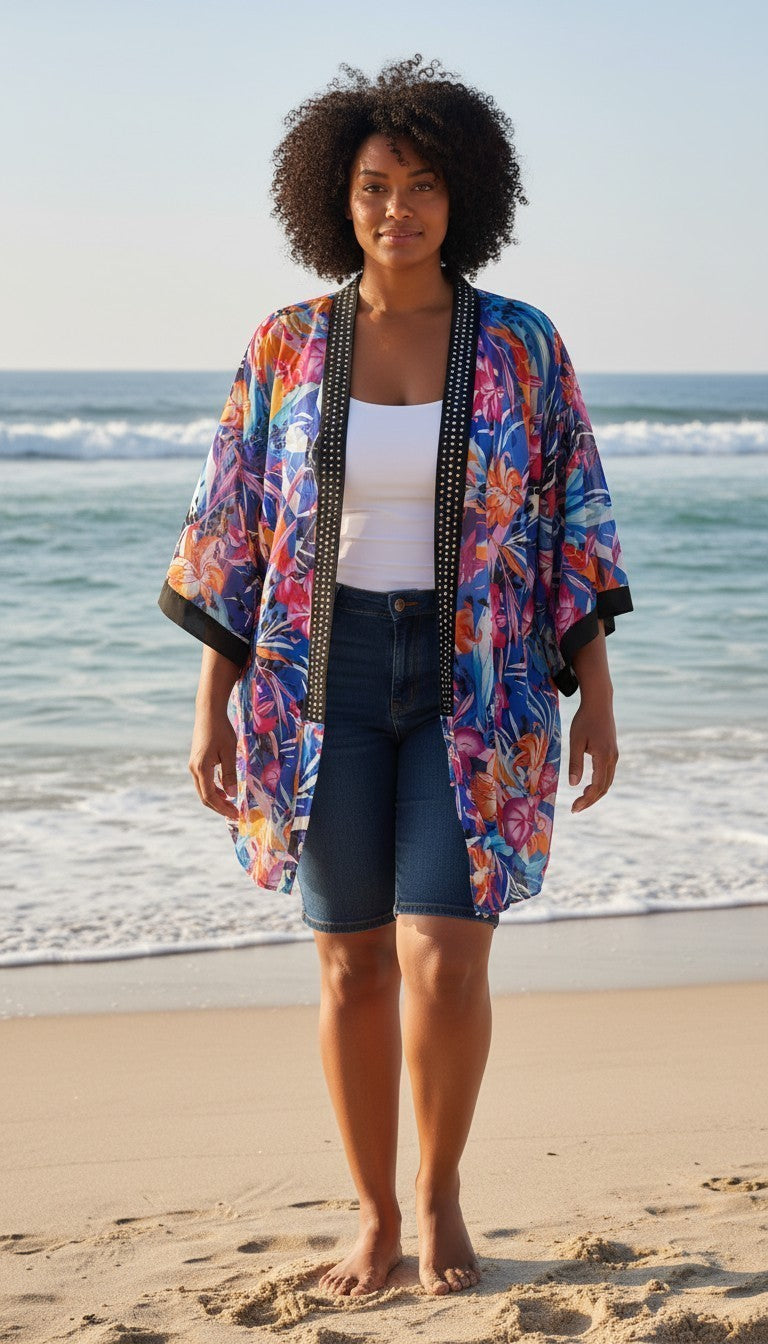 Julien Macdonald Tropical Floral Studded Kimono Cardigan - Size Large RRP £40