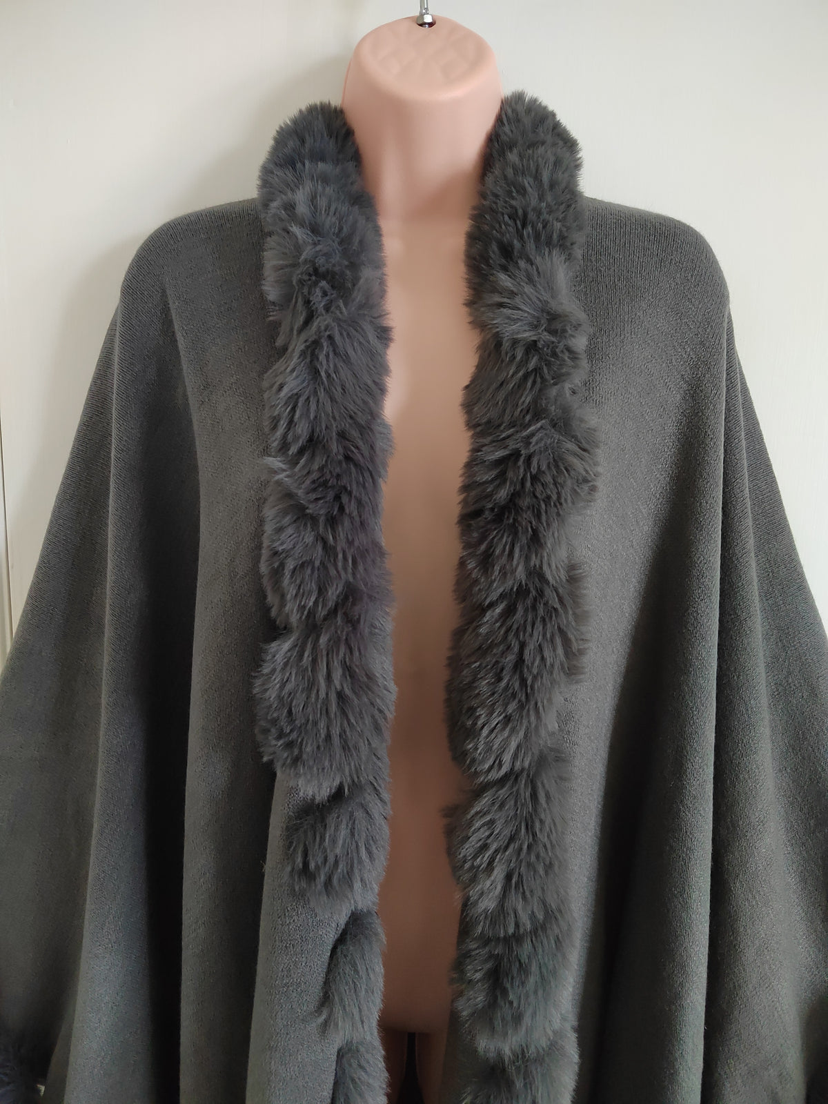 Grey Faux Fur Trim Hoodless Cape Poncho - One Size