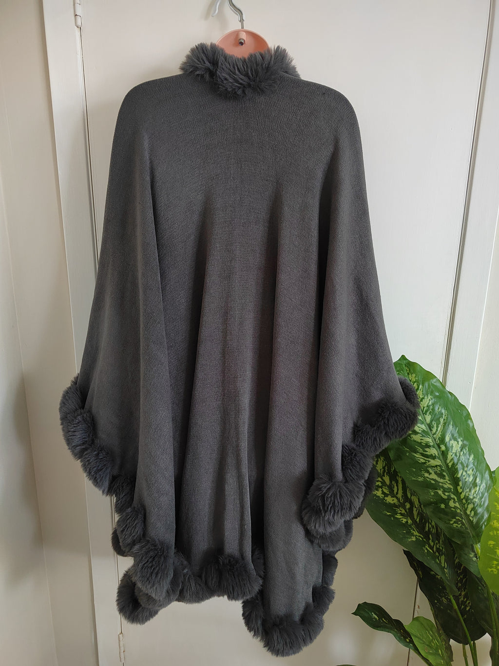 Grey Faux Fur Trim Hoodless Cape Poncho - One Size