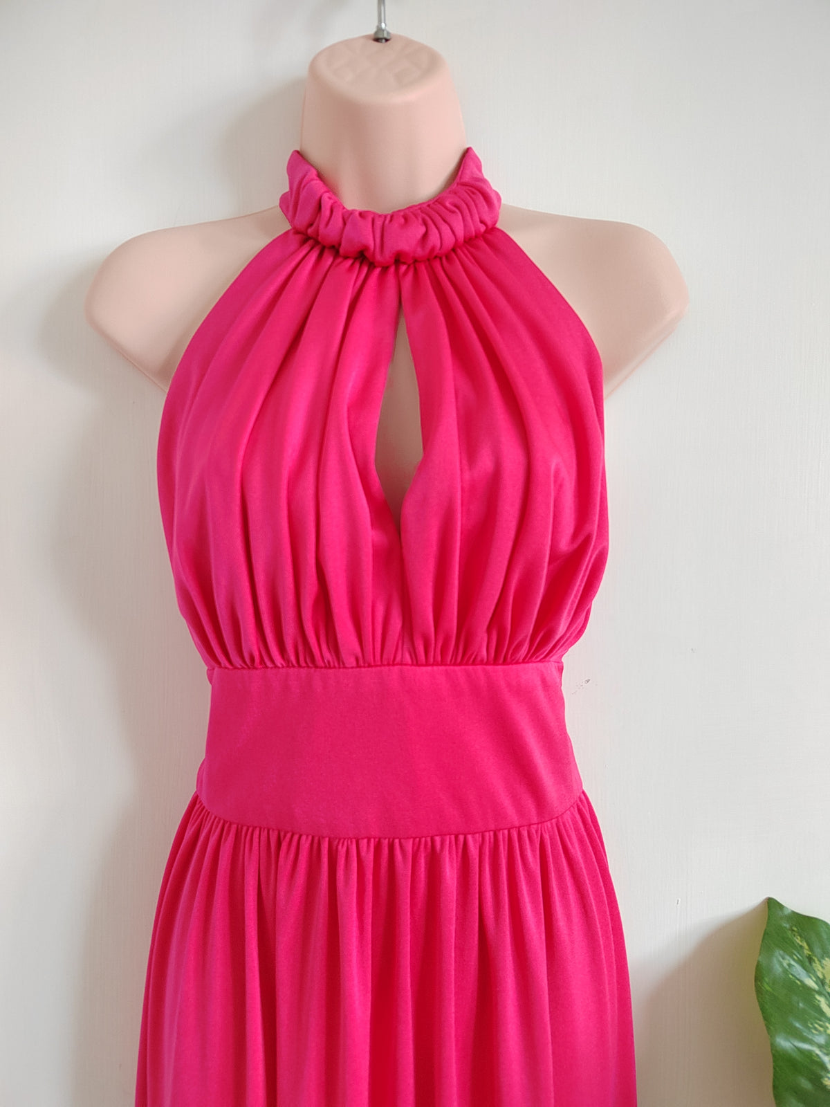 Vintage 1970s Trina Lewis & Marjon Couture Hot Pink Halter Maxi Dress - Size 10