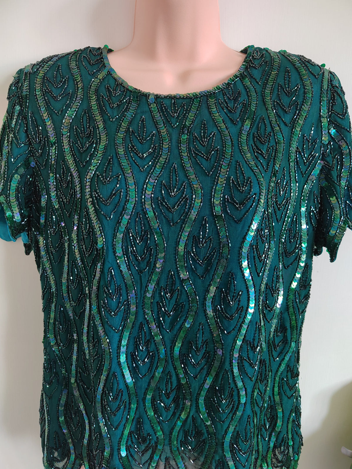 Vintage 80s/90s Emerald Beaded Cocktail Blouse - Size 14