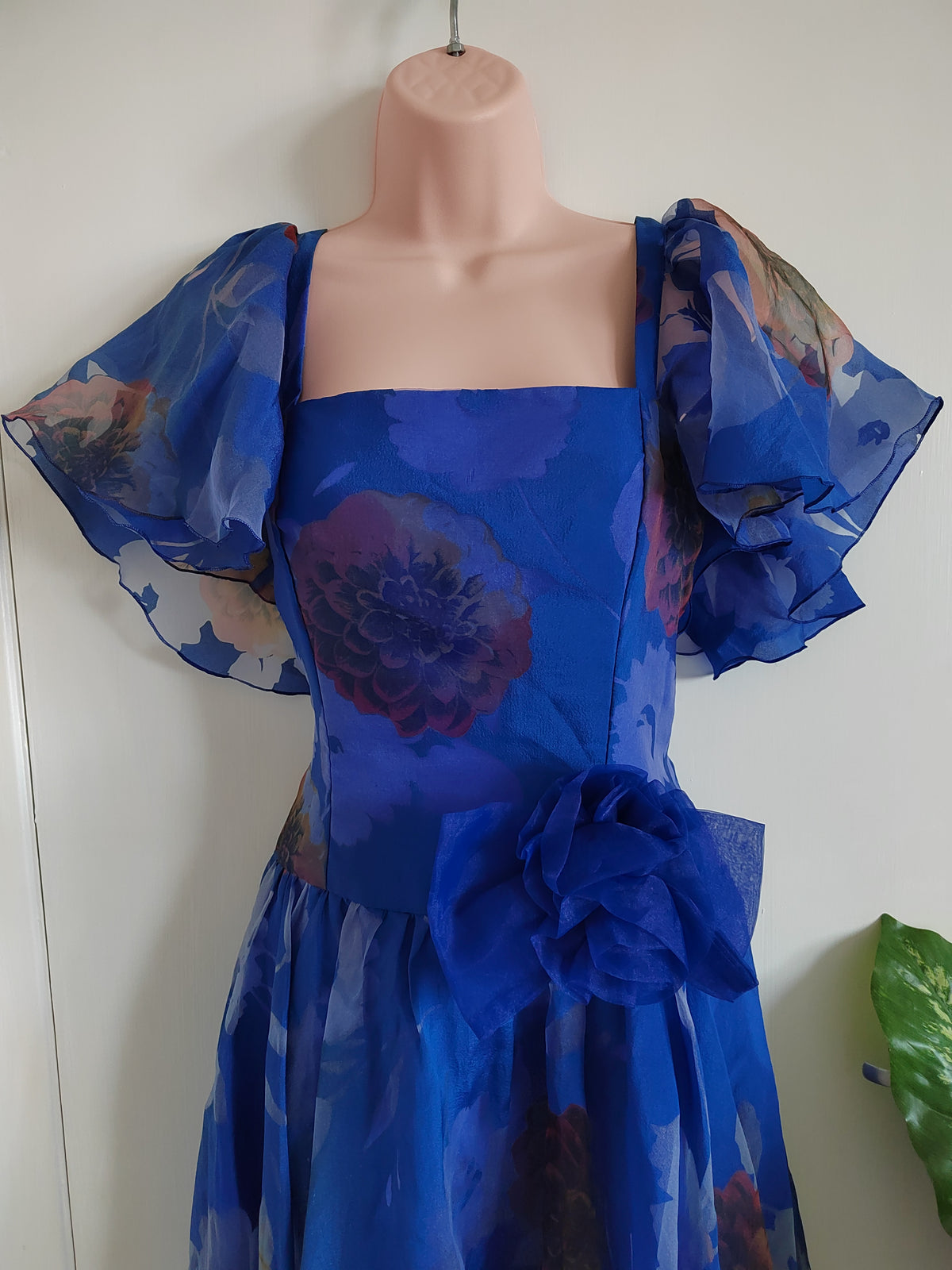 Vintage 1980s Jean Allen London Royal Blue Floral Cocktail Dress - Size Small