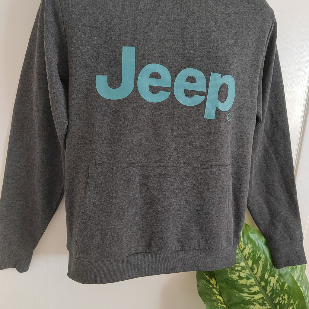 Jeep Men’s Graphic Pullover Hoodie – Charcoal Grey & Teal Logo - 60% Cotton - Size Small