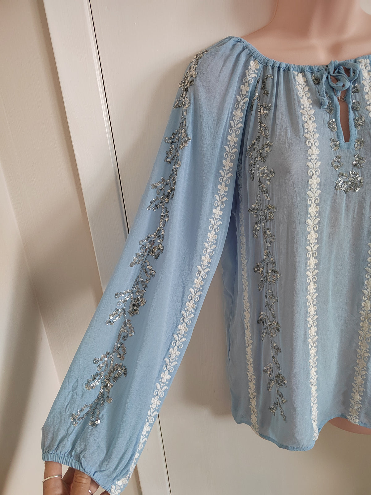 Miss June Paris Blue Embroidered Sequin Peasant Blouse - Size 8/10 - rrp £100+