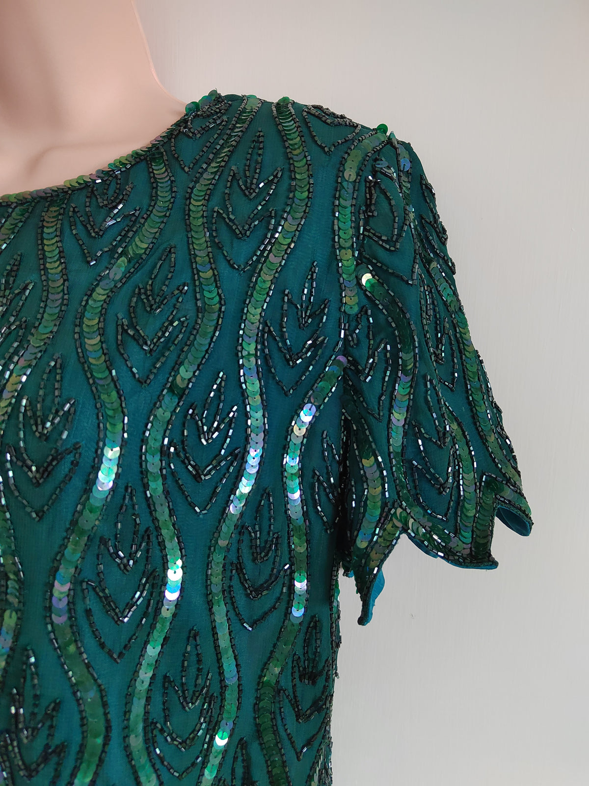 Vintage 80s/90s Emerald Beaded Cocktail Blouse - Size 14