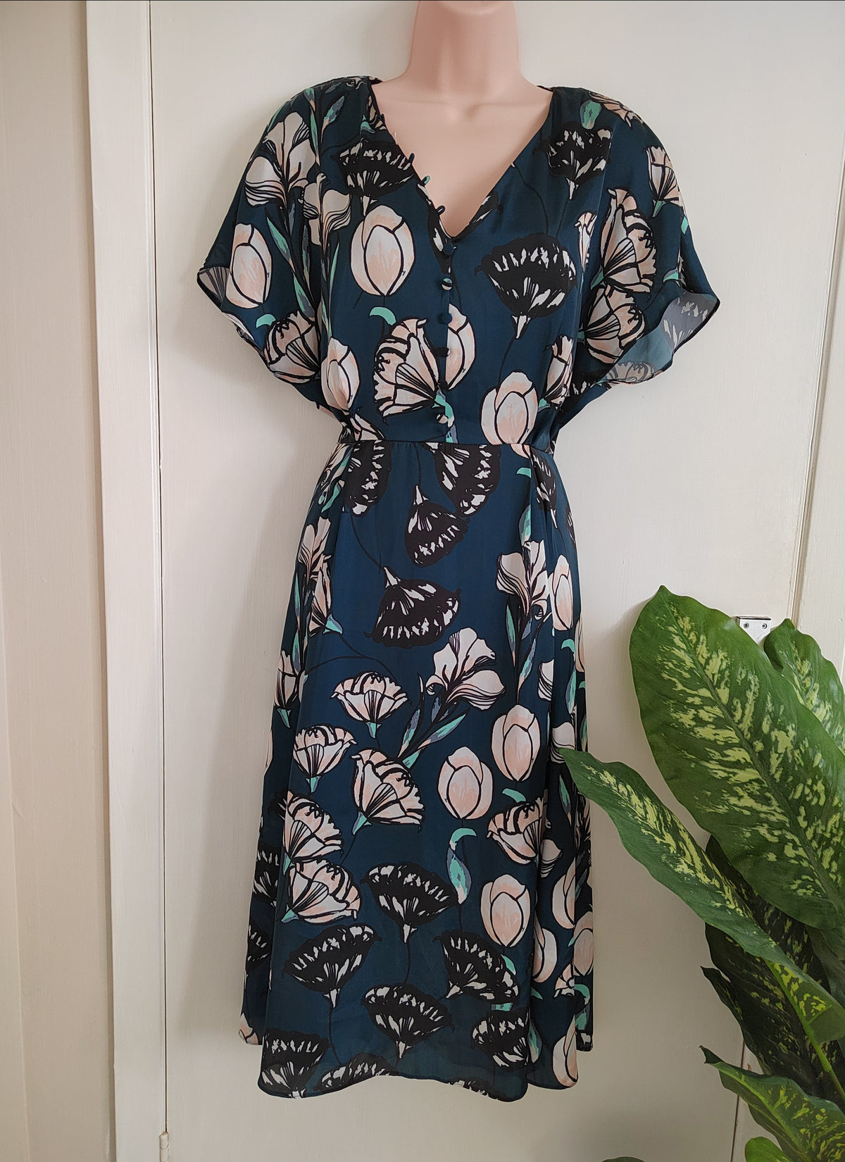 Maison 123 Paris Romantic Teal Floral Midi Dress – Size 10