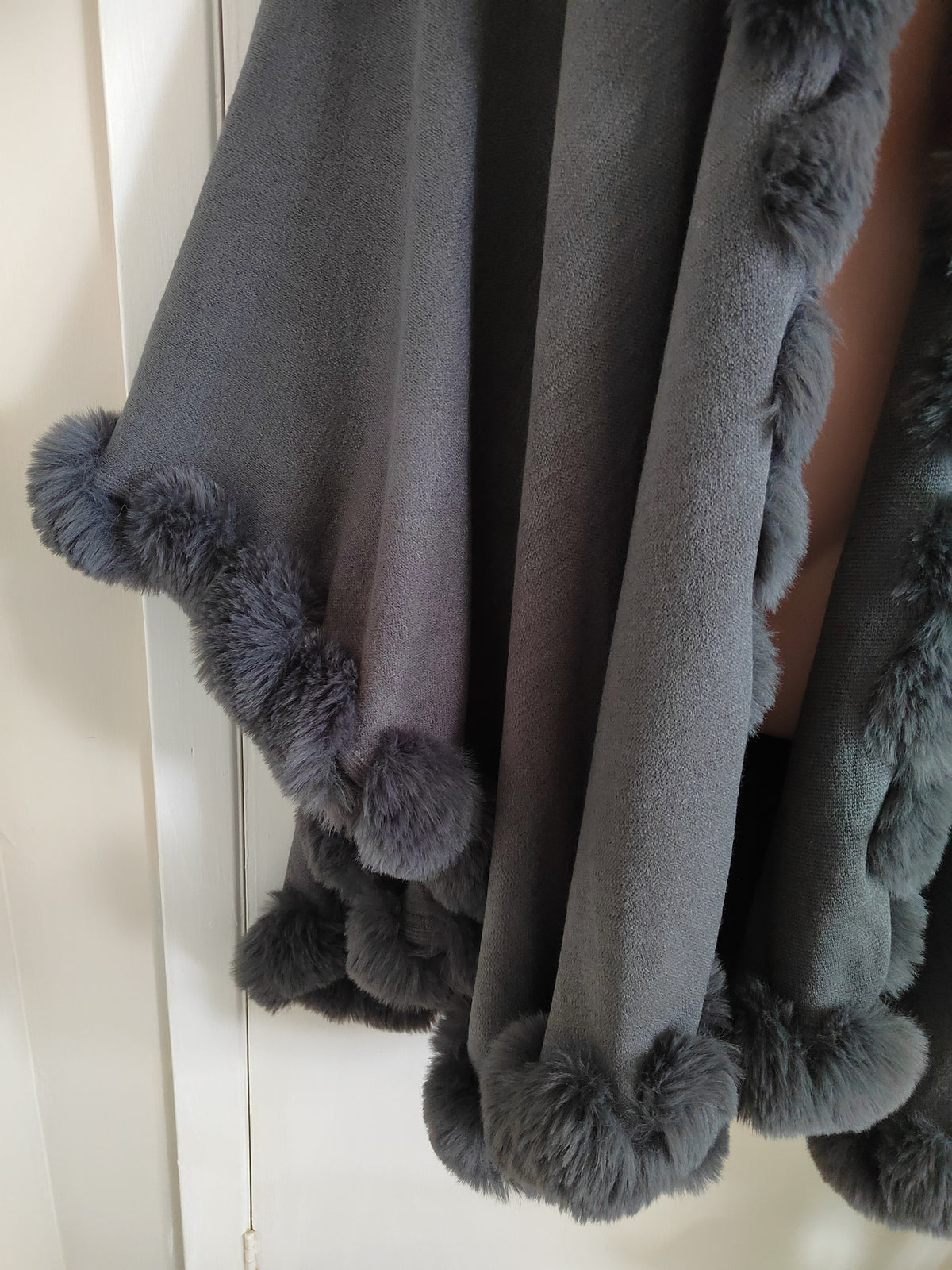 Grey Faux Fur Trim Hoodless Cape Poncho - One Size