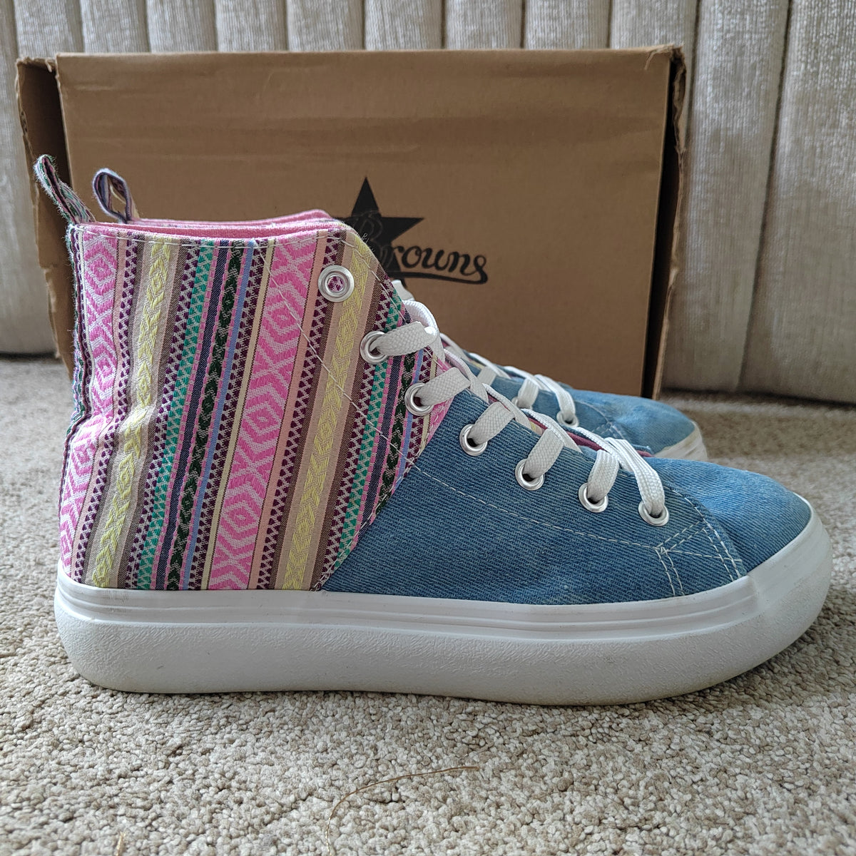 Joe Browns Boho Denim & Aztec High-Top Trainers (With Box) - Size 5