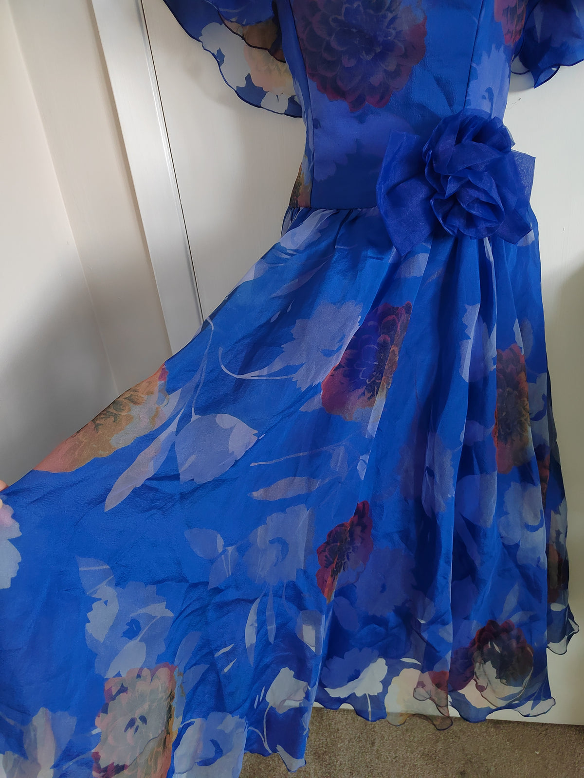 Vintage 1980s Jean Allen London Royal Blue Floral Cocktail Dress - Size Small