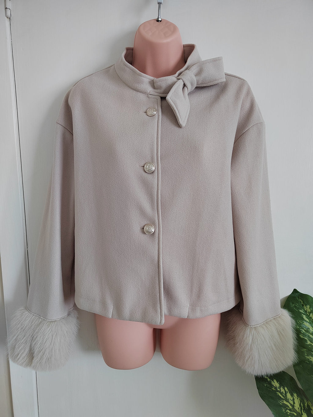 SHEIN Elegant French-Knot Collar Crop Jacket with Faux-Fur Cuffs - Size Medium NWOT