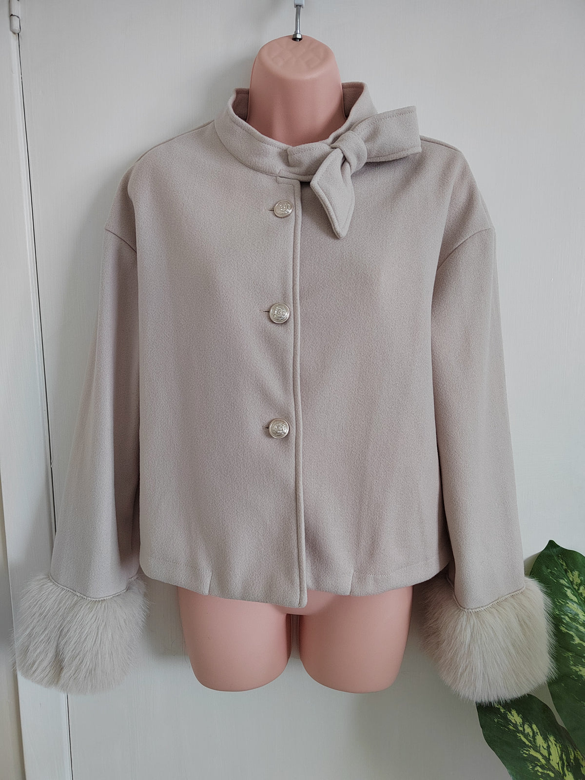 SHEIN Elegant French-Knot Collar Crop Jacket with Faux-Fur Cuffs - Size Medium NWOT