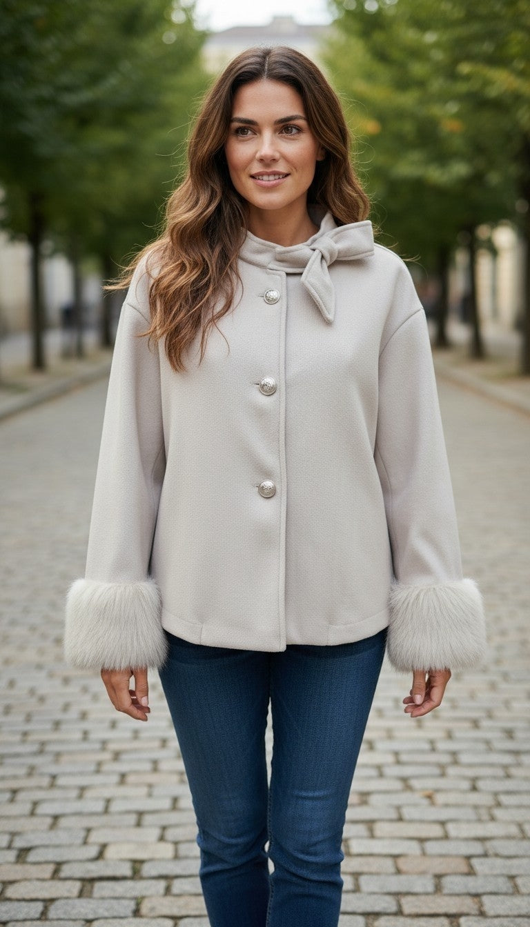 SHEIN Elegant French-Knot Collar Crop Jacket with Faux-Fur Cuffs - Size Medium NWOT