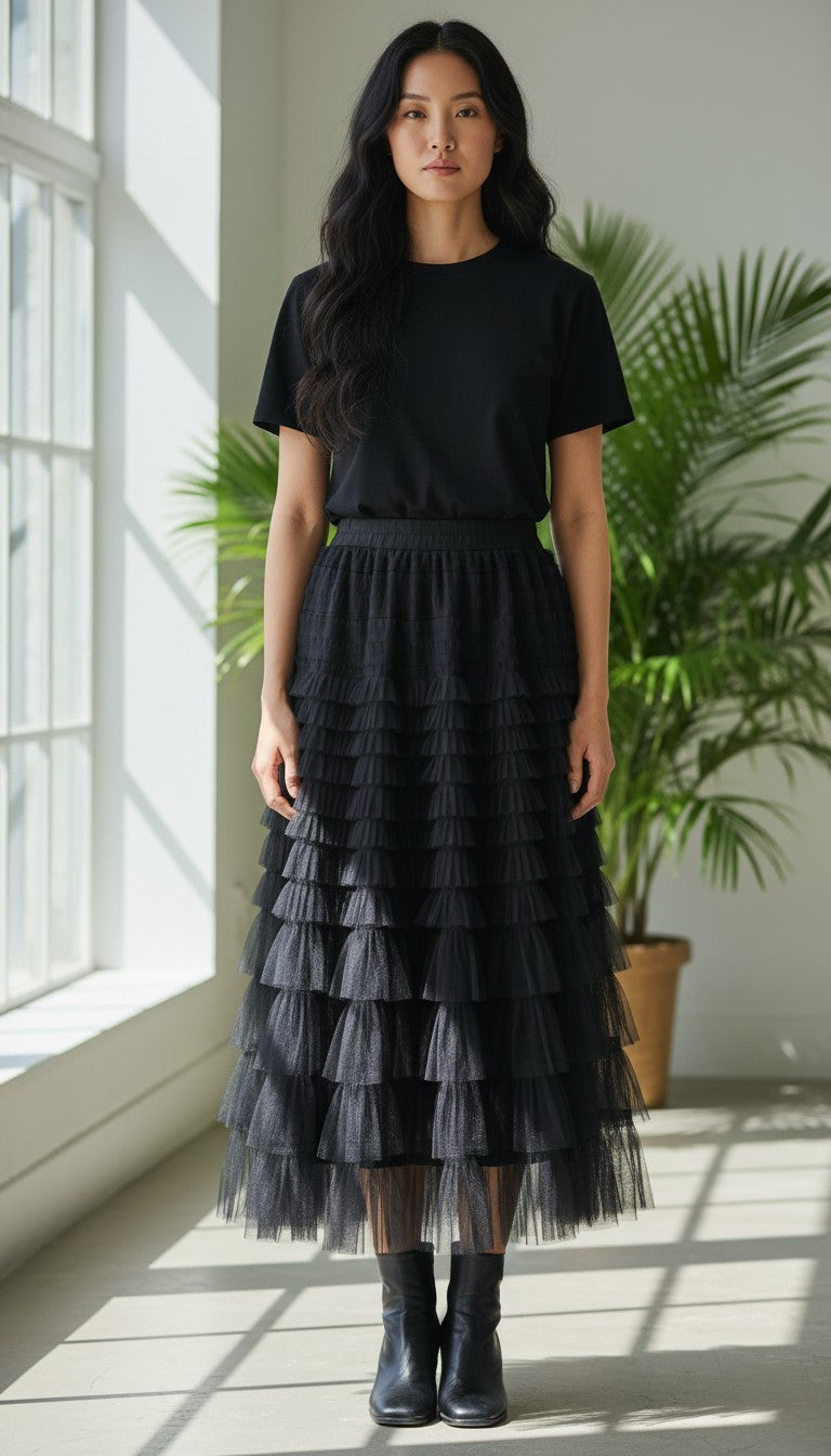 Apricot Tulle Ruffle Tiered Midi Skirt – Black - Size 16 NWT RRP £35