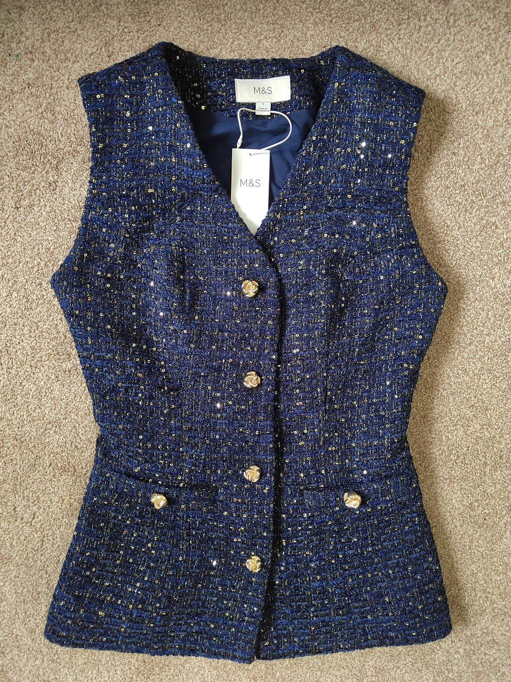 M&S Metallic Sequin Tweed Waistcoat & Tiered Mini Skirt Co-Ord Set - Size 8 NWT RRP £90