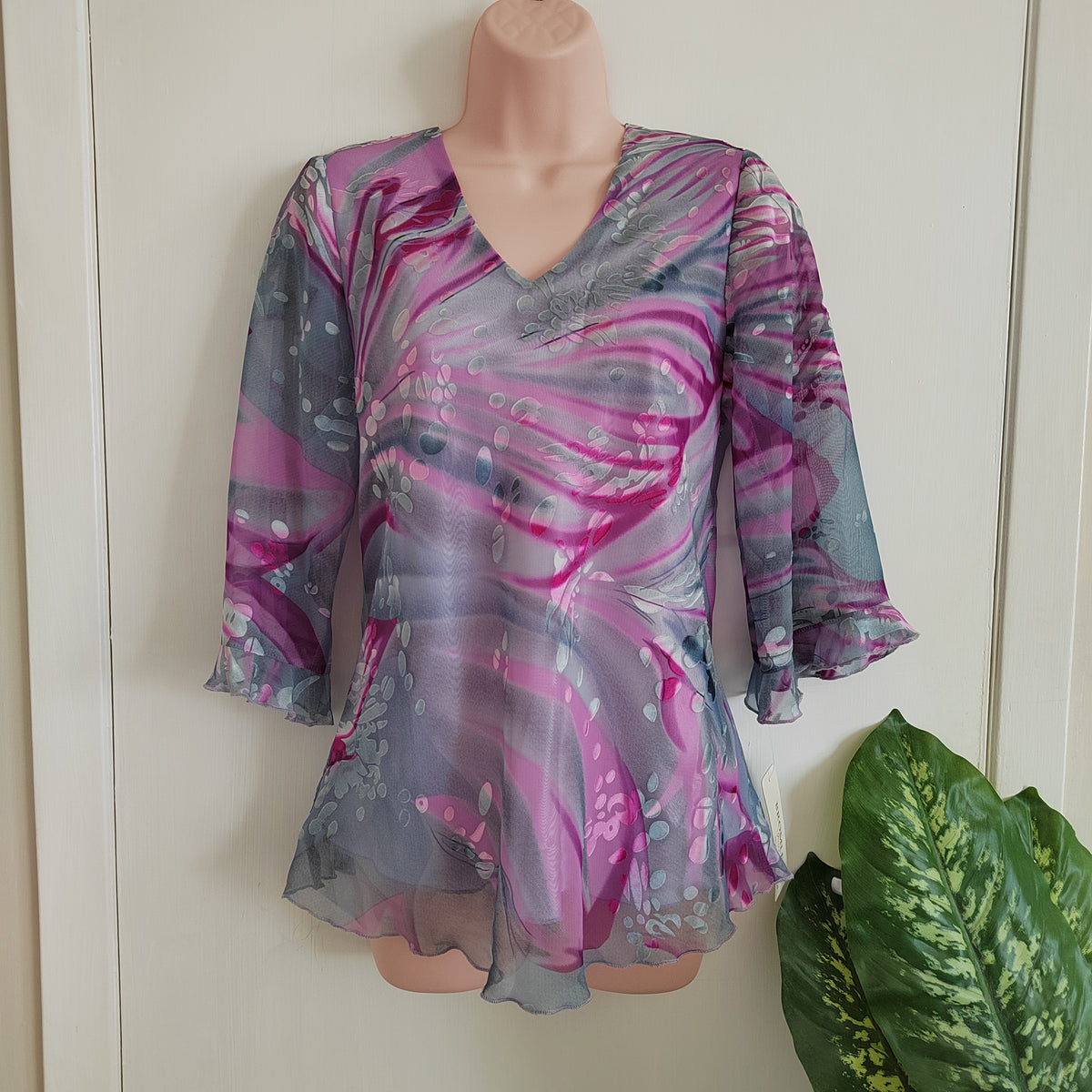 Vintage Bromley Sport Y2K Mesh Blouse – Purple & Grey Swirl – Size 10