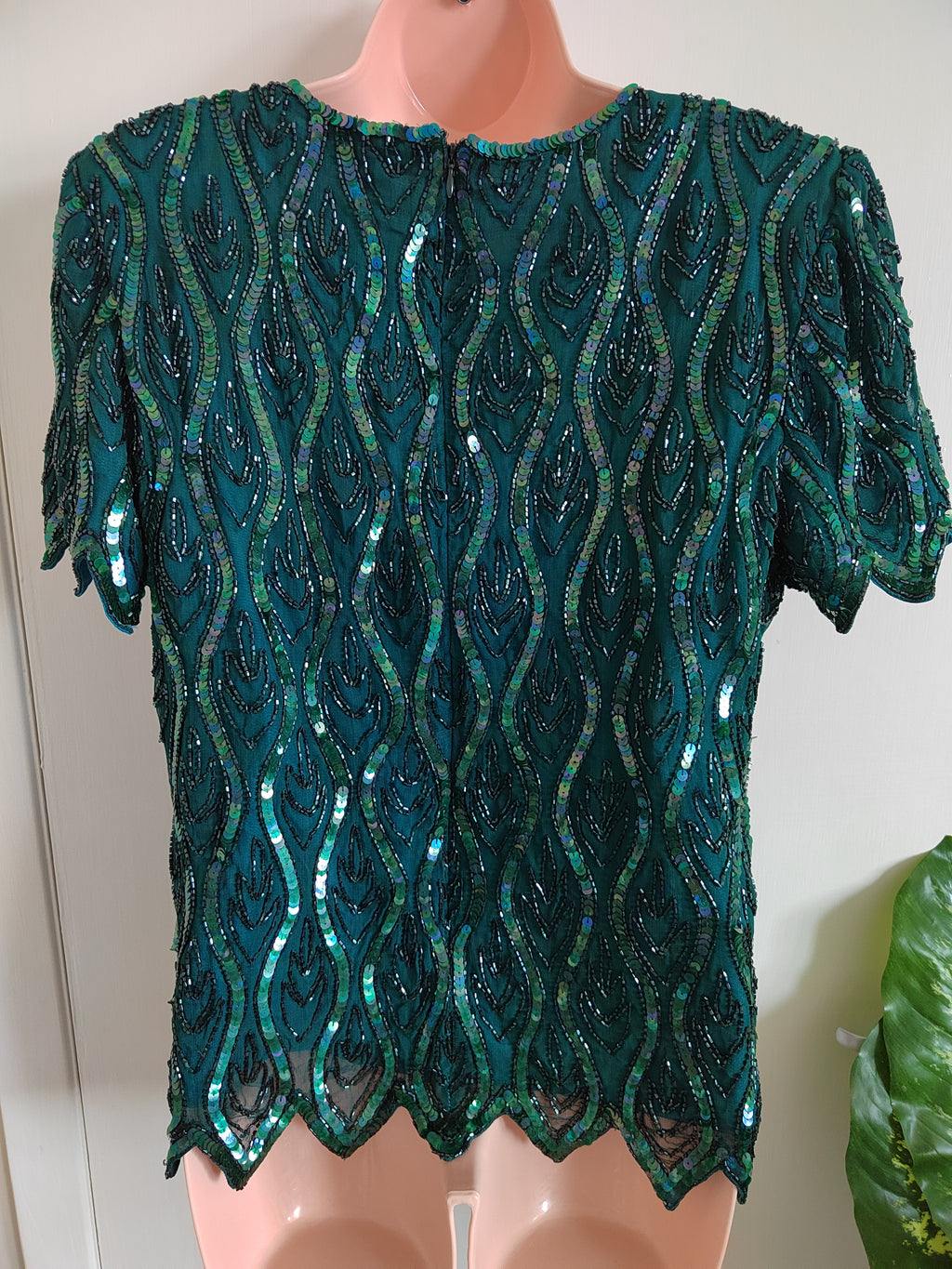 Vintage 80s/90s Emerald Beaded Cocktail Blouse - Size 14