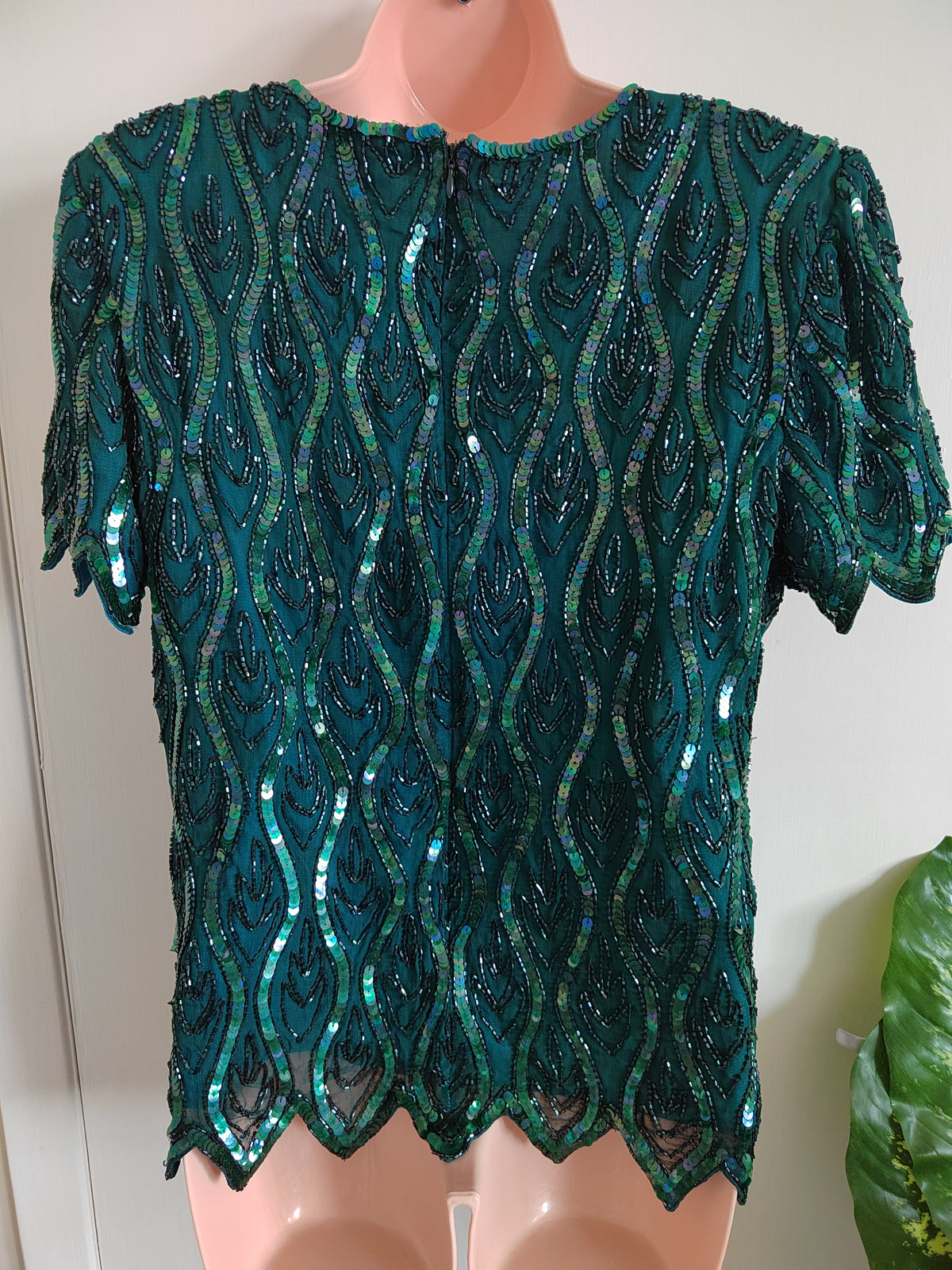 Vintage 80s/90s Emerald Beaded Cocktail Blouse - Size 14