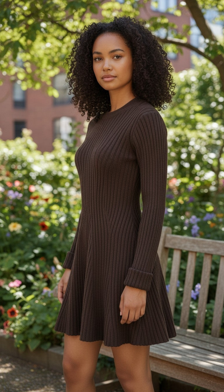 H&M Rib-knit Brown Long-Sleeve Fit & Flare Mini Dress - XS NWT