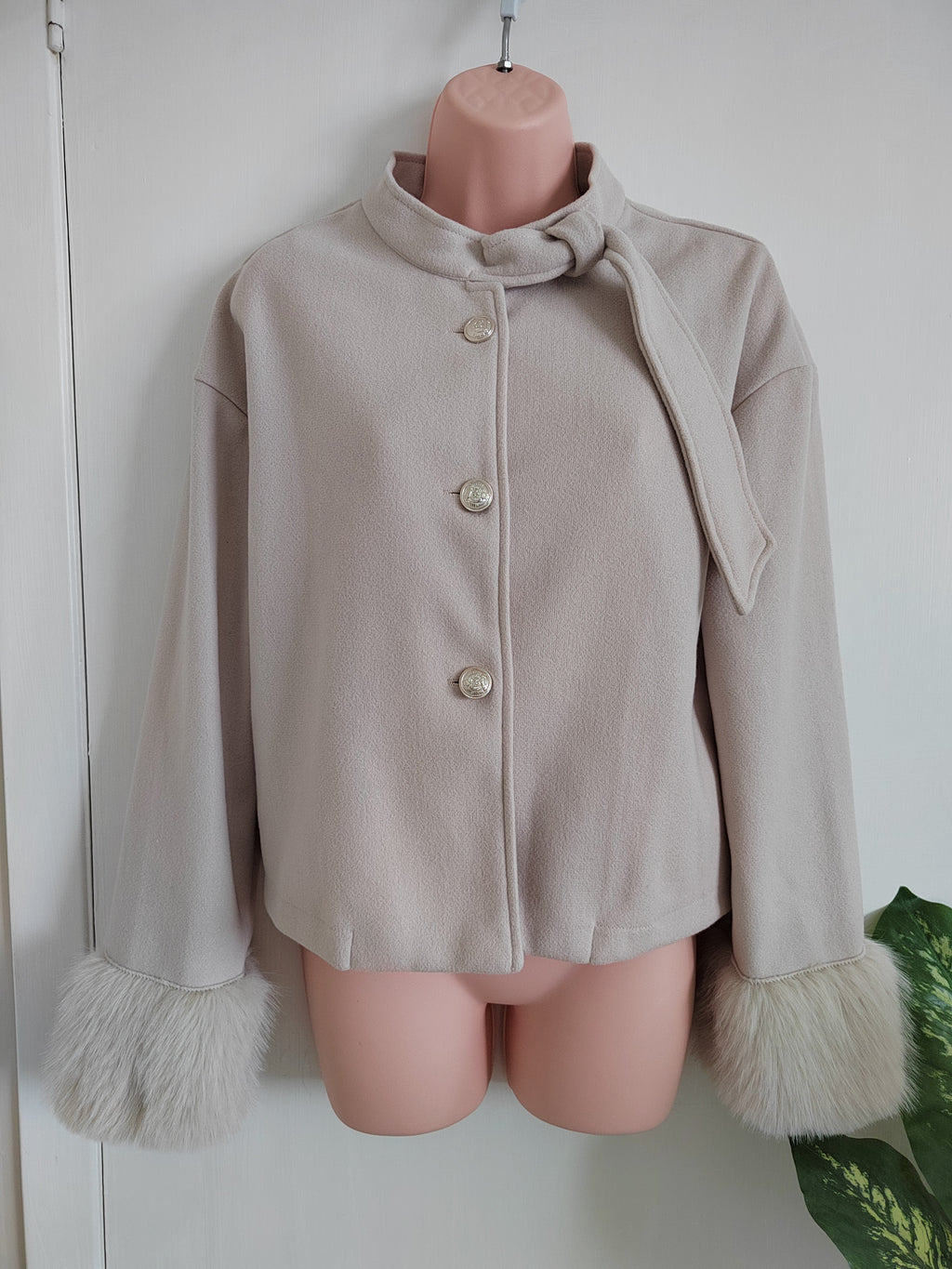 SHEIN Elegant French-Knot Collar Crop Jacket with Faux-Fur Cuffs - Size Medium NWOT