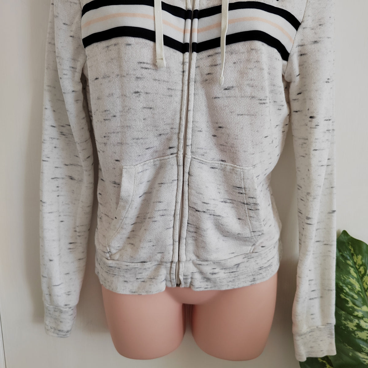 Victoria's Secret PINK Perfect Full-Zip Hoodie - Marled Oatmeal Stripe - Size XS