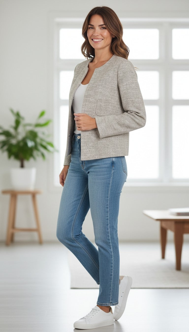 Vilagallo Tailored Collarless Tweed Wool Blazer - Size 12