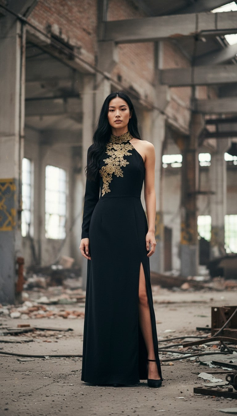 PrettyLittleThing Black High Neck Asymmetric Embroidered Trim Maxi Dress - Size 8