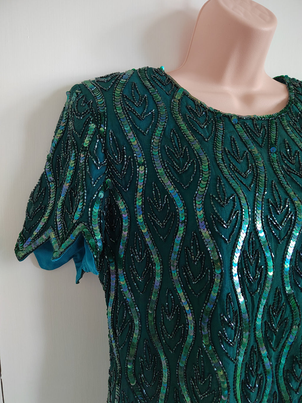 Vintage 80s/90s Emerald Beaded Cocktail Blouse - Size 14