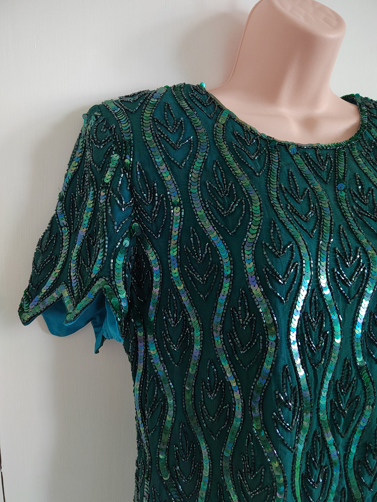 Vintage 80s/90s Emerald Beaded Cocktail Blouse - Size 14