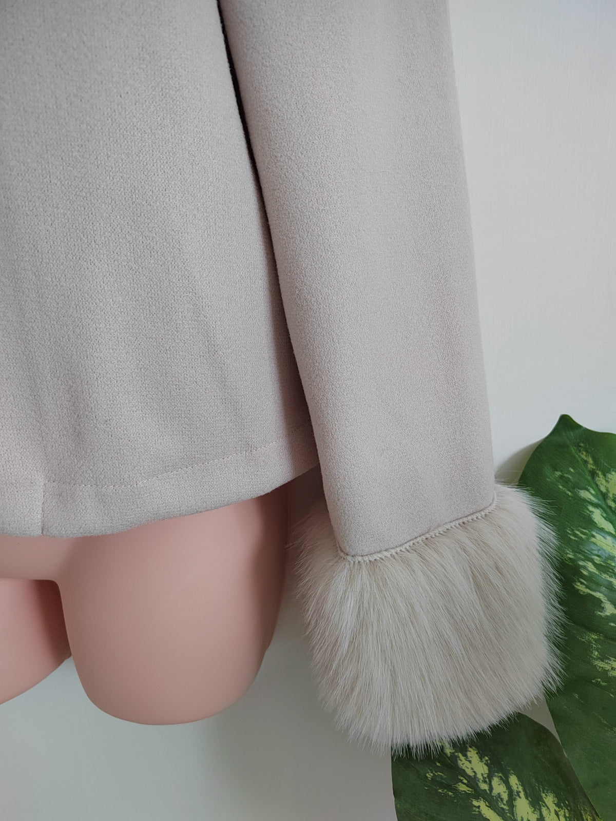SHEIN Elegant French-Knot Collar Crop Jacket with Faux-Fur Cuffs - Size Medium NWOT