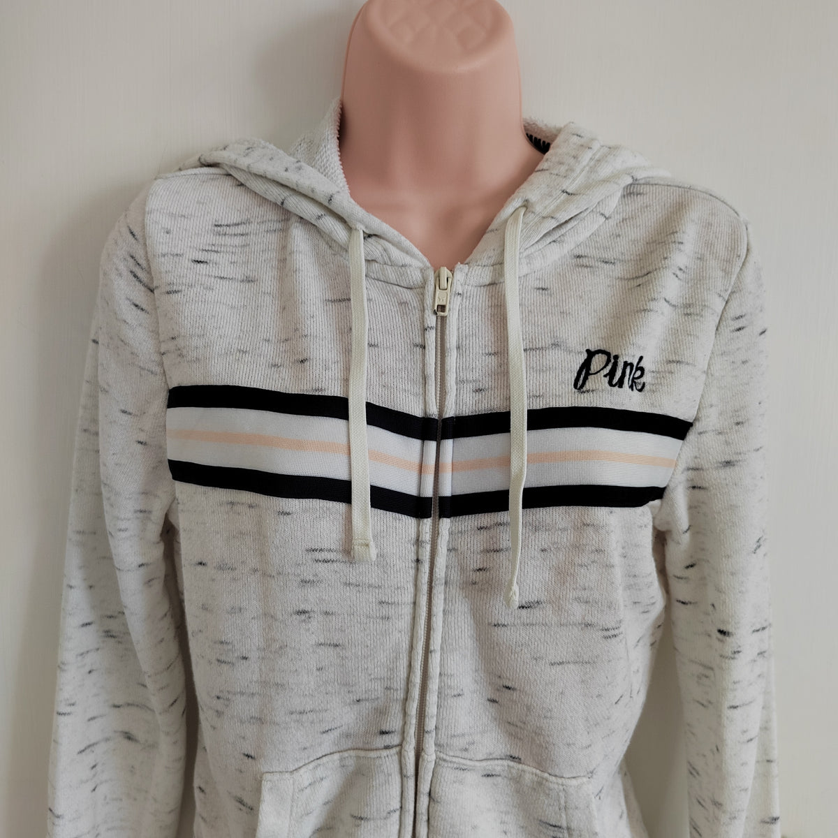 Victoria's Secret PINK Perfect Full-Zip Hoodie - Marled Oatmeal Stripe - Size XS