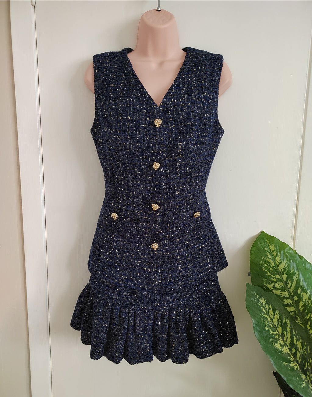 M&S Metallic Sequin Tweed Waistcoat & Tiered Mini Skirt Co-Ord Set - Size 8 NWT RRP £90
