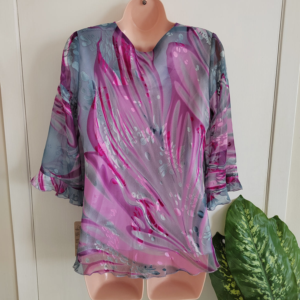 Vintage Bromley Sport Y2K Mesh Blouse – Purple & Grey Swirl – Size 10