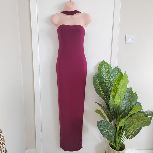 Club L London "Nobu" Bandeau Maxi Dress with Halter Collar - Burgundy - Size 6