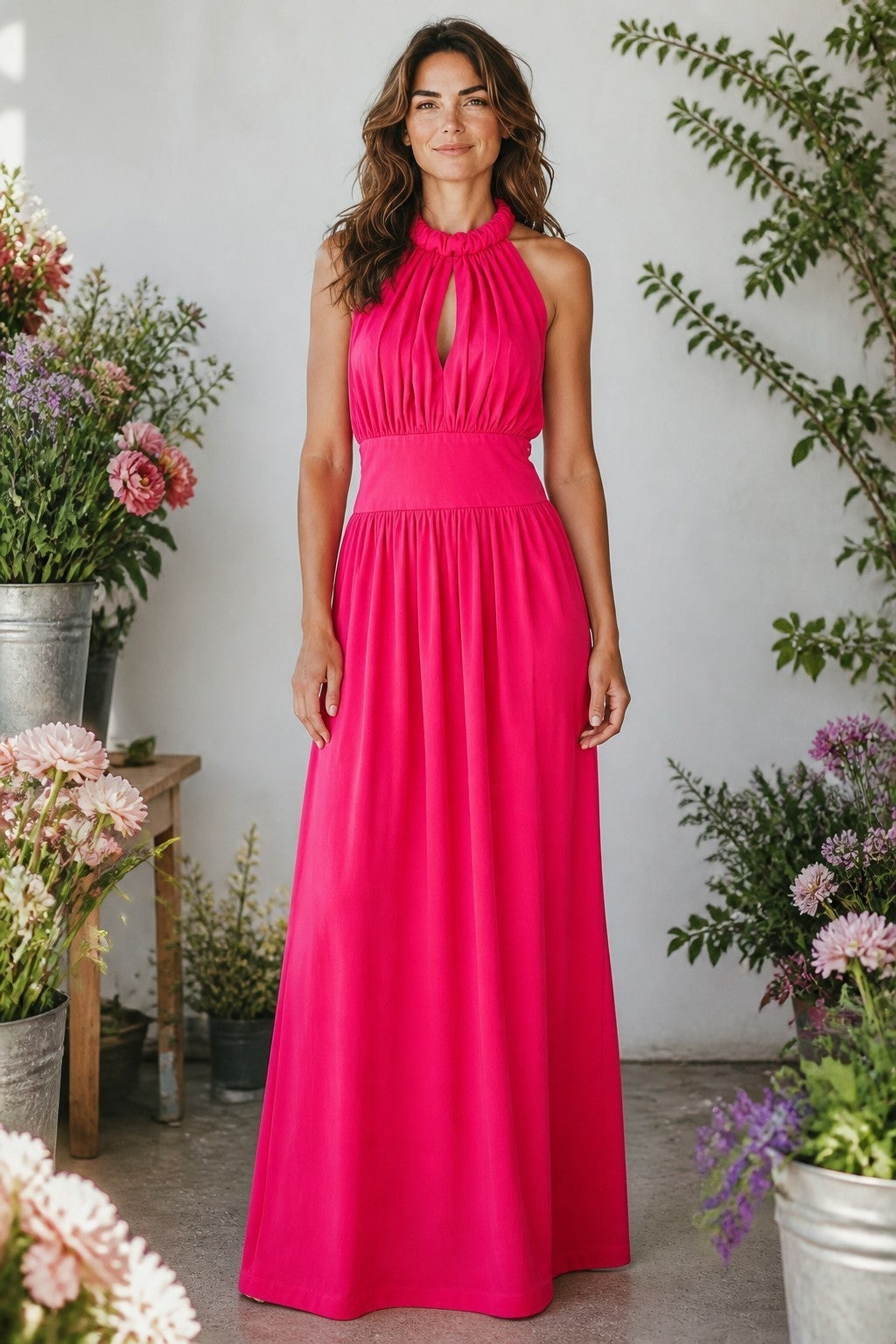 Vintage 1970s Trina Lewis & Marjon Couture Hot Pink Halter Maxi Dress - Size 10