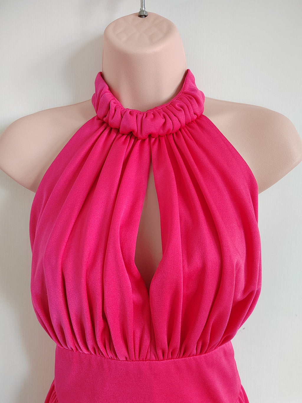 Vintage 1970s Trina Lewis & Marjon Couture Hot Pink Halter Maxi Dress - Size 10