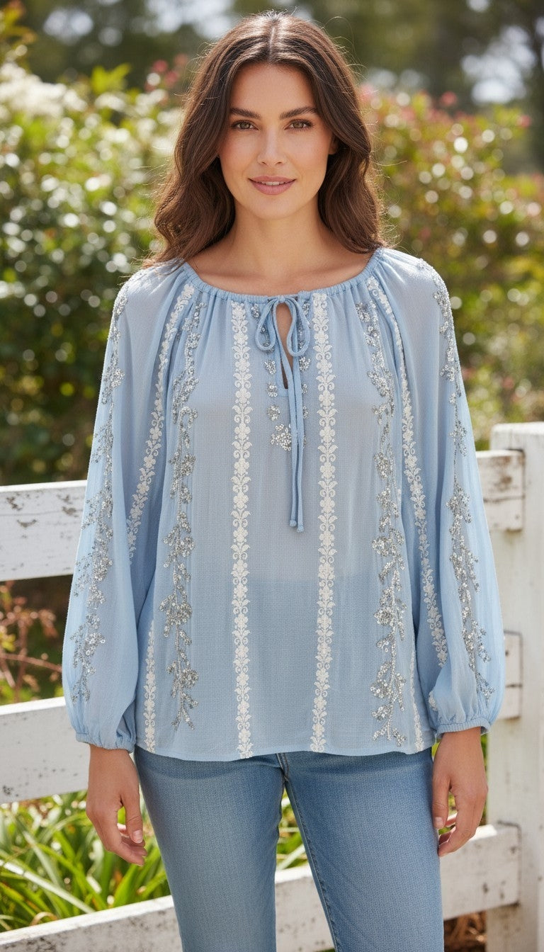 Miss June Paris Blue Embroidered Sequin Peasant Blouse - Size 8/10 - rrp £100+