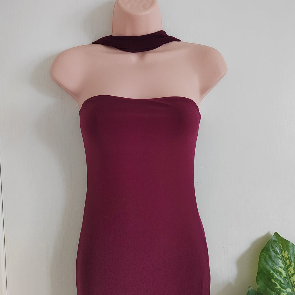 Club L London "Nobu" Bandeau Maxi Dress with Halter Collar - Burgundy - Size 6