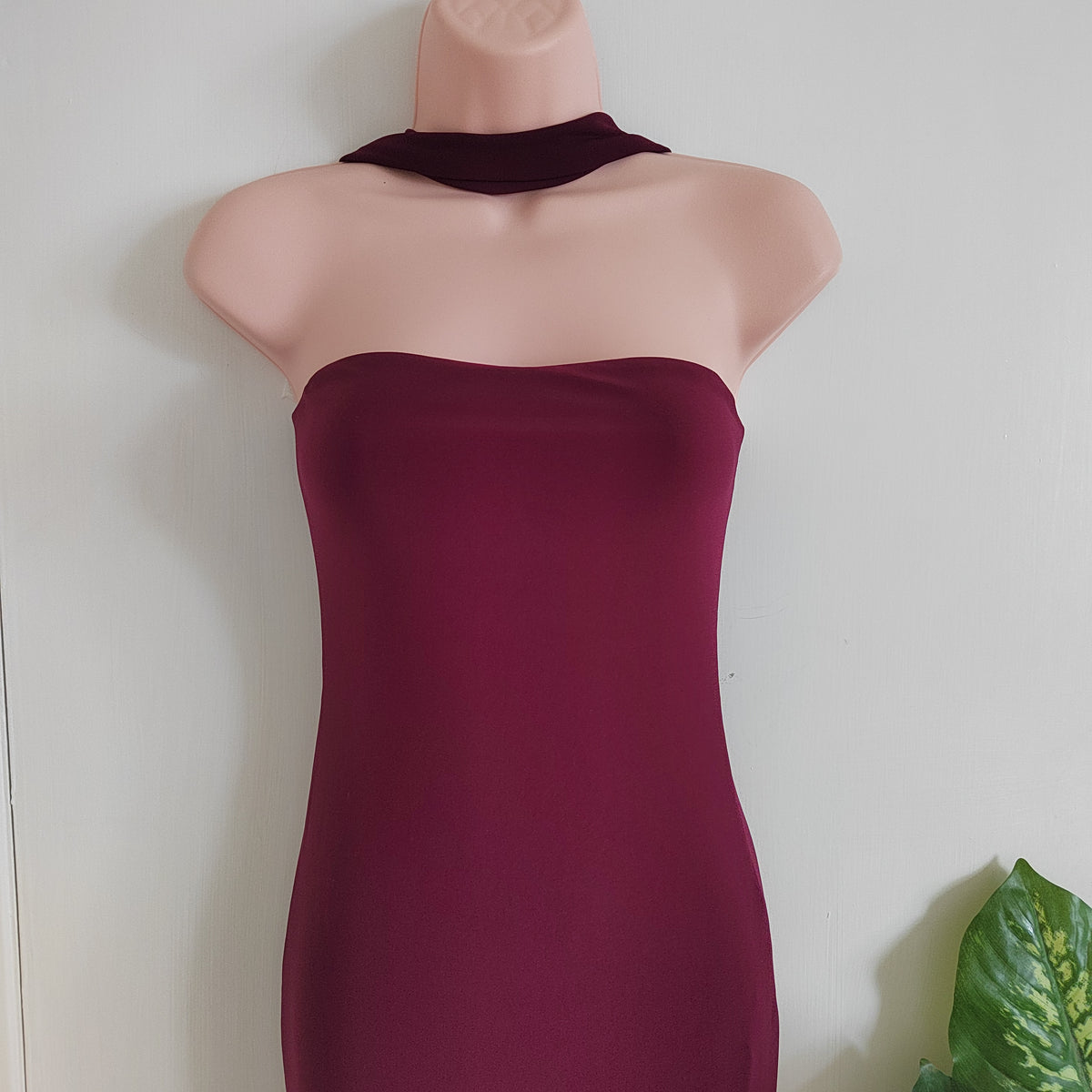 Club L London "Nobu" Bandeau Maxi Dress with Halter Collar - Burgundy - Size 6