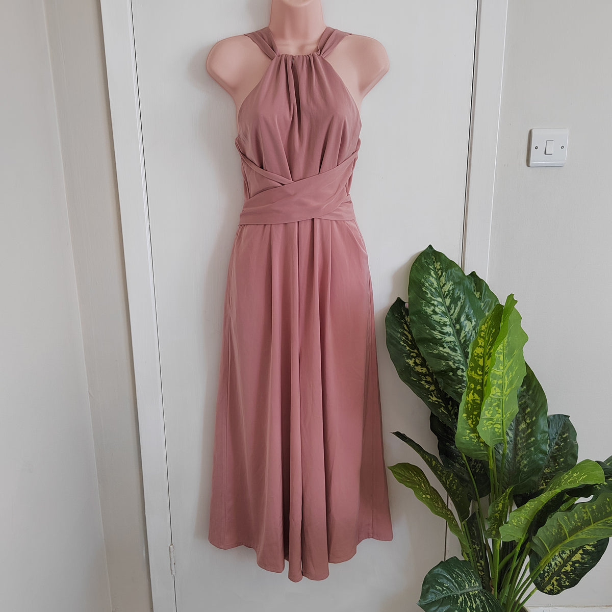 Paisie Pink Cross Waist Halterneck Wide-Leg Jumpsuit – Size 12