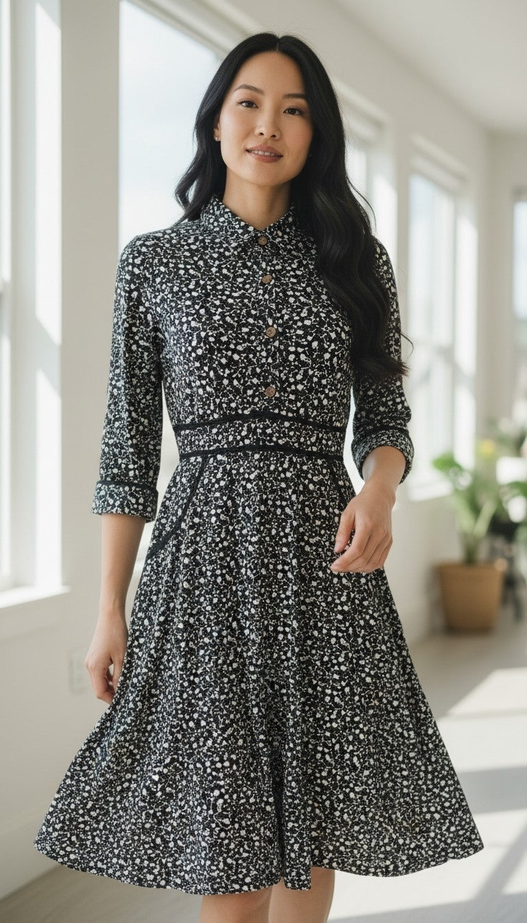 Monteau Los Angeles Black Ditsy Floral Shirt Dress - Size Small